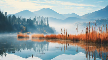 a serene lake in a valley, surrounded by vibrant autumn-colored bamboo, reflects its beauty on the calm water's surface. this tranquil scene captures the serenity and appreciation for nature's fall splendor. shot during golden hour, the image showcases the soft, warm light illuminating the valley, creating a captivating and peaceful atmosphere. ai generatedの素材