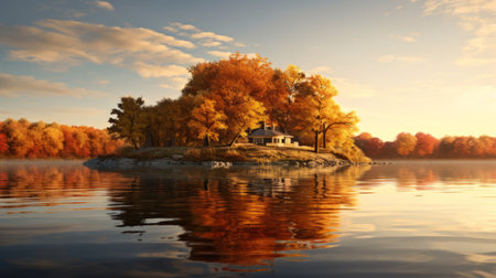 an island in full autumn splendor, surrounded by vibrant elm trees reflecting their colors on the serene lake's surface. this tranquil scene captures the beauty of nature during the fall season, with the soft, warm light of golden hour illuminating the island. ai generatedの素材