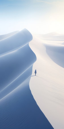 a man walks through the desert, surrounded by elongated forms of exotic landscapes. this captivating image, in the style of light white and light navy, captures the essence of the desert's vastness and beauty. inspired by renowned photographers igor zenin, bertil nilsson, and jessica drossin, this national geographic photo showcases the mesmerizing allure of the desert. ai generatedの素材
