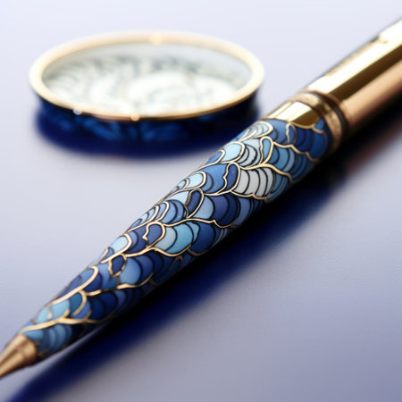the pen designed for a dental office in chicago is a sustainable and stylish accessory. it features a seamless pattern of seigaiha, an alcohol ink texture, in a predominantly blue and gold color scheme. this eco-friendly pen is a perfect gift for guests, combining functionality with a touch of elegance. ai generatedの素材