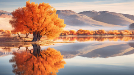 a serene lake in the desert, surrounded by vibrant autumn maple trees, reflects their colors on the calm water's surface. this tranquil scene captures the beauty of nature during the fall season, with a sense of serenity and appreciation. shot during golden hour, the image showcases the soft, warm light illuminating the desert landscape. ai generatedの素材