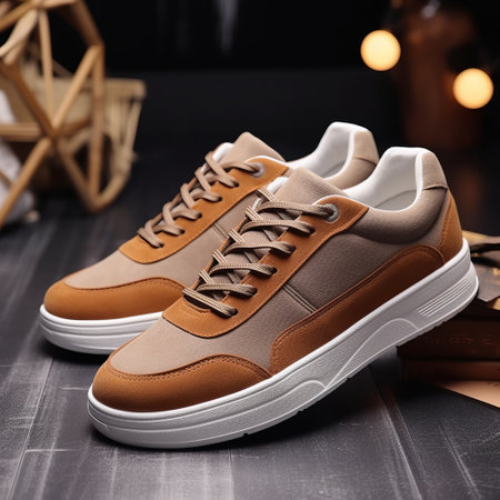 casual shoes for autumn and winter seasons, featuring a white background. this single shoe image showcases both front and side views. the design is a fusion of traditional and modern elements, with smooth lines that create a simple and atmospheric look. the shoes are made from a blend of leather and suede, with layered mesh adding depth to the overall design. ai generatedの素材