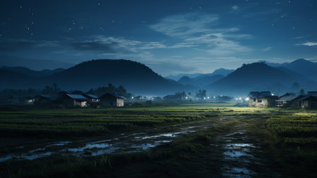 a photo of a sky full of stars in the style of rural china, featuring photorealistic renderings of atmospheric and moody landscapes. the traditional vietnamese influence is evident in the dark emerald and blue hues. the use of vray technology enhances the realism, while the aesthetics evoke the farm security administration era. ai generatedの素材