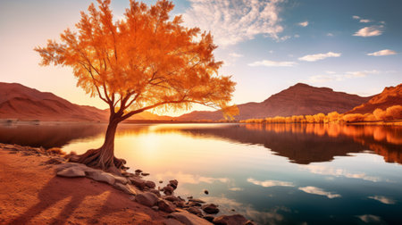 a serene lake in the desert, surrounded by vibrant maple trees in full autumn splendor, reflects their colors on the calm water's surface. this tranquil scene captures the beauty of nature during the fall season, with soft, warm light illuminating the desert during golden hour. ai generatedの素材