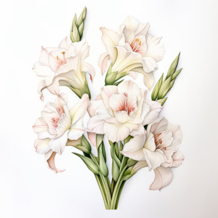a stunning lily bouquet featuring white flowers resembling orchids, captured in a botanical watercolor style. the realistic landscapes showcase soft, tonal colors in light beige and pink. these editorial illustrations draw inspiration from persian miniatures and are created using recycled materials for mural designs. the white background beautifully enhances the delicate beauty of the flowers. ai generatedの素材
