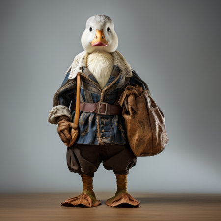 a pigeon dressed in traditional attire holds a bag with a tetragrammaton character. this photo captures the meticulous photorealistic style of the dusseldorf school of photography. the image combines elements of frostpunk, animal figurines, cartoonish characters, and duckcore, reminiscent of the young british artists (ybas). ai generatedの素材