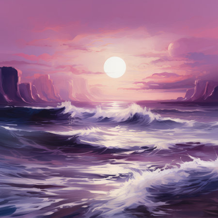 the photo captures a mesmerizing scene of waves flowing in various directions, resembling a speedpainting. the romantic scenery evokes a sense of otherworldliness, reminiscent of alien worlds. the skilled marine painter skillfully portrays the light crimson and purple hues, creating a realistic depiction. the sunrays shining upon the waves add a touch of ethereal beauty to the composition. ai generatedの素材