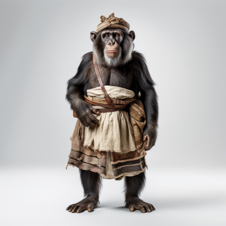 chimpanzees wearing traditional clothing, resembling ancient wasia monkeys, captured in the iconic pop culture style of john wilhelm. these candid shots, reminiscent of ellen jewett's surprisingly absurd sculptures and beatrix potter's whimsical characters, showcase the playful and artistic vision of the photographer. shot with the sony alpha a1, this photo captures the essence of creativity and imagination. ai generatedの素材