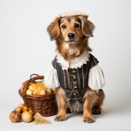 a dog in renaissance-inspired period costume stands beside an empty basket of wheat and potatoes. the dignified pose and victorian-era clothing, in light amber and black, create a richly layered image. shot at iso 200, the photo captures the dog's regal presence and attention to detail, resembling a scene from a bygone era. ai generatedの素材