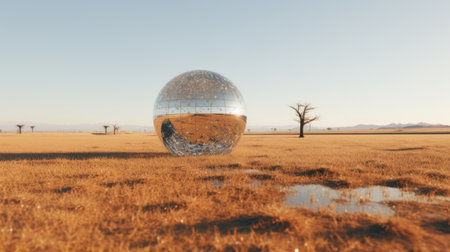 the metal egg in the desert is a stunning uhd image capturing a 3rd world planet. this realistic landscape showcases soft edges and multiple exposures, highlighting the beauty of australian landscapes. the sparkling water reflections add a touch of magic to the scene, while the prairiecore aesthetic and influence of artist sopheap pich create a unique and captivating composition. ai generatedの素材