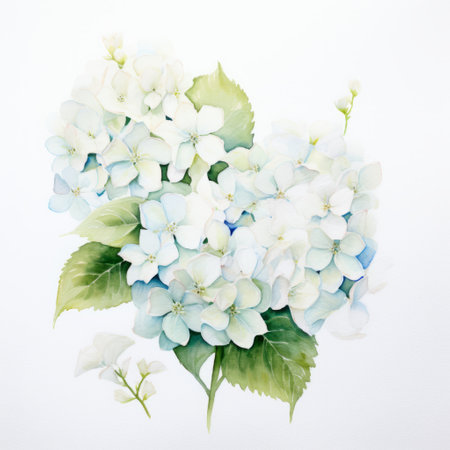 a white painting featuring large blue flowers in a natural form, reminiscent of realistic watercolor paintings. this romantic illustration showcases a delicate blend of light red and light green hues. the mingei influence is evident in the painted illustrations, which beautifully capture the realistic usage of light and color, resulting in a light white and white composition. ai generatedの素材