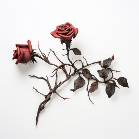 two red rose branches, resembling bronze castings, are elegantly displayed on a pristine white surface. this captivating artwork by brian mashburn combines deconstructed objects, incorporating elements of rubber, polychrome terracotta, and the artistic influences of marguerite blasingame and maya lin. ai generatedの素材