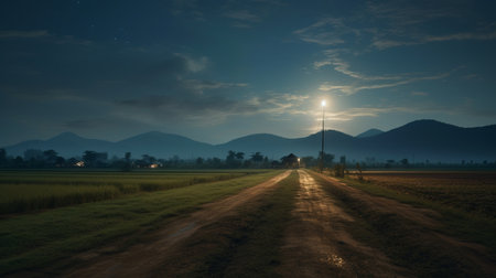 a road winds through the majestic mountains, leading to a picturesque farm bathed in the warm hues of a sunset. this stunning image captures the essence of traditional vietnamese landscapes, with its realistic chiaroscuro lighting. the uhd quality showcases the dark emerald tones of the mountains and the sky-blue reflection in the sky. this fine art photograph, created using unreal engine 5, presents detailed atmosphericの素材