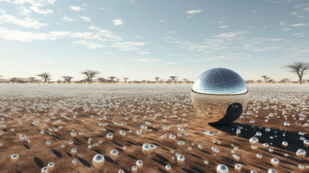 an empty sphere rests peacefully amidst a lush green grass field, surrounded by a mesmerizing array of puddled spheres. this captivating image showcases a futuristic landscape with a touch of african influence, reminiscent of the desertwave style. with its photorealistic rendering and high-quality composition, this national geographic-worthy photo transports viewers to a world of floating structures and awe-inspiring beauty. ai generatedの素材