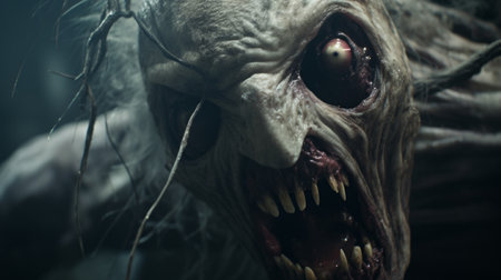creature with eye and open mouth in a scary scene, featuring natural color grading with gritty, desaturated tones. the wide perspective shot, enhanced by studio lighting, creates a sense of mystery and the unknown. this cinematic visual style, reminiscent of a gritty horror film, is directed by christopher nolan. ai generatedの素材