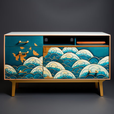 the photo showcases a sleek and modern television designed specifically for a dental office in chicago. this unique television incorporates elements of science, featuring a seamless pattern of seigaiha and an alcohol ink texture. the design is predominantly adorned in a captivating combination of blue and gold, creating an elegant and sophisticated aesthetic. ai generatedの素材