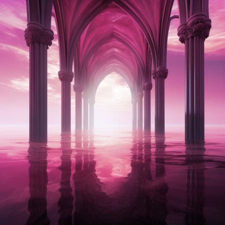 an arched passageway with purple walls, showcasing surreal and dreamlike landscapes. the vibrant hues of light crimson and pink create a luminous atmosphere reminiscent of water. the gothic architecture adds a touch of grandeur to the scene, while the 8k resolution captures every intricate detail. this faith-inspired art piece is both realistic and ethereal, captivating viewers with its otherworldly beauty. ai generatedの素材