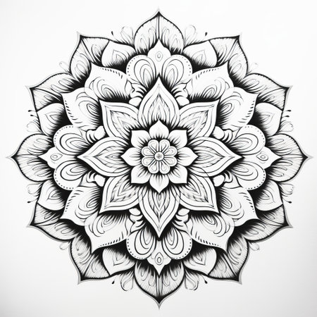a black and white flower with intricate geometric designs, displayed on a white background. this tondo-style photograph showcases multilayered realism and psychedelic-inspired elements. the image captures the flower's realistic details, while exuding a sense of serenity and calm. the clean and sharp inking enhances the overall aesthetic appeal. ai generatedの素材