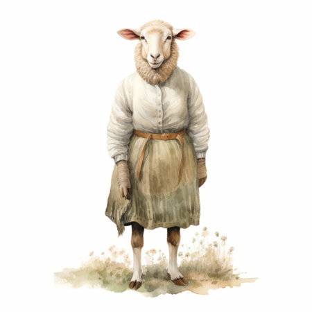 a woman gazes at a sheep with long blond hair in a watercolor painting. the artwork showcases a stylish costume design, with a realistic portrayal reminiscent of animated film pioneers. the woman's full body is depicted in dark white and light brown tones, creating a captivating illustration on a gigantic scale. ai generatedの素材