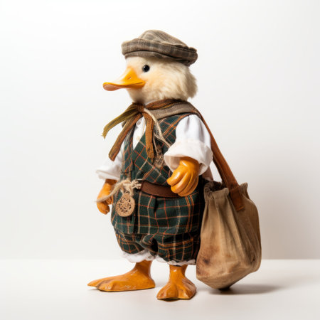 handmade wooden doll dressed as a duck with a purse, inspired by the dusseldorf school of photography and the traditional costumes of the 500-1000 ce era. this unique creation by tony diterlizzi combines elements of billy childish and joachim patinir's artistic styles, resulting in a masculine and visually captivating piece. ai generatedの素材