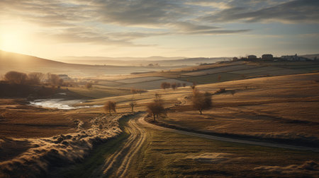 a photo of a traditional british landscape featuring a field with trees. the smooth and curved lines create a serene atmosphere, enhanced by the golden light. captured with a canon eos 5d mark iv, this image showcases the romantic riverscapes and flowing lines that define the scene. ai generatedの素材