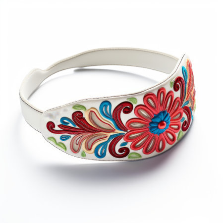 a jewelry headband adorned with vibrant floral motifs, showcasing a delightful combination of light white and crimson hues. the intricate design features beautifully carved, smooth and curved lines, reminiscent of the artistic style found in agfa vista illustrations. the headband is further enhanced with heavy metal embroidery, showcasing the polished craftsmanship of this exquisite piece. ai generatedの素材
