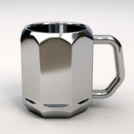 a metal mug with a shiny finish, showcasing the intricate craftsmanship of low poly design. the precisionist style is evident in the jagged edges, while the caffenol developing technique adds an artistic touch. the elongated shape and the use of the goerz hypergon 65mm f8 lens capture the mug's unique details with exceptional clarity. ai generatedの素材