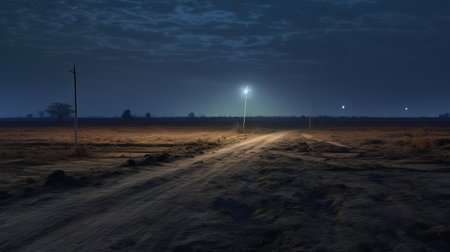 a photo of a desert road at night, capturing the essence of rural life with its light black and azure tones. this atmospheric installation showcases the beauty of the environment, merging elements of dansaekhwa and spot metering techniques. the dusty piles add to the authenticity of the scene, creating a captivating portrayal of the desert landscape. ai generatedの素材