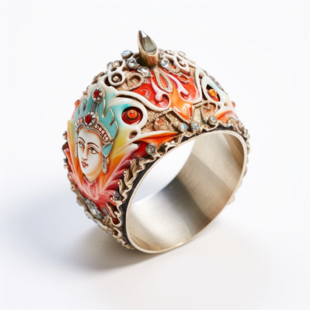 a vibrant and intricate baroque-style ring featuring a combination of orange, yellow, and black colors. the ring is adorned with colorful enamel, reminiscent of meticulous photorealistic still lifes. its design showcases elements of dayak art, with a touch of light silver and light cyan. the detailed and layered composition of the ring exudes a carnivalesque charm, enhanced by hints of light gold and red. aiの素材