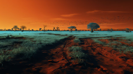 a mesmerizing photo captures a field adorned with exotic trees, reminiscent of fantasy landscapes. the vibrant colors of dark orange and light cyan create a surreal atmosphere. this national geographic photo, rendered with octane, showcases the breathtaking beauty of australian landscapes. the composition evokes an apocalyptic ambiance, seamlessly blending realism and imagination. ai generatedの素材