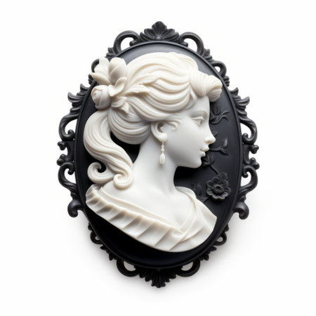 an ornate and elegant black and white cameo, featuring high detailed, handcrafted beauty. this feminine pop art style piece showcases isolated figures with rococo-inspired details. made of rubber, it is a ready-made object that exudes sophistication and charm. ai generatedの素材