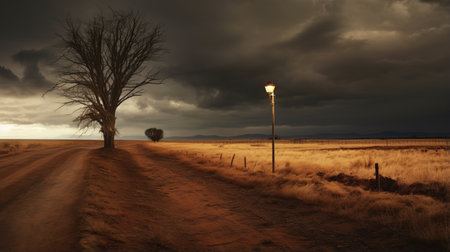 large tree standing tall in a barren landscape, surrounded by dirt. the black sky above adds a dramatic touch, reminiscent of the style of christophe jacrot. this australian landscape captures the essence of terry redlin's realistic depiction of light, with hints of light cyan and amber. the atmospheric clouds evoke the aesthetics of the farm security administration. ai generatedの素材