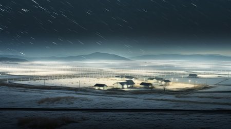 a photo capturing a serene pastoral scene in rural china, showcasing a snowy landscape. the composition follows the grid-like structures of the light and space movement, with contrasting lights and darks achieved through long exposure. this photojournalistic approach beautifully captures the tranquility of the snowy countryside. ai generatedの素材