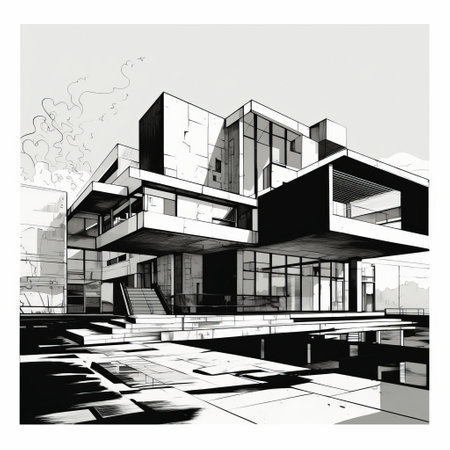 architectural sketch by john dresden, a 3d digital drawing of a building that the city is trying to build. the sketch incorporates elements of monochromatic ink wash, cubist style, and futuristic retro design. inspired by artists such as serge marshennikov, mono-ha, martin rak, and nikita veprikov. ai generatedの素材