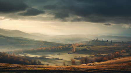 a photo of a stormy sky over mountains, reminiscent of italian landscapes, with layered and atmospheric scenery. the golden light adds a touch of romance to the image, capturing the essence of nature. this national geographic photo beautifully portrays a romanticized country life, evoking a sense of medieval fantasy. ai generatedの素材