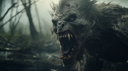 creature with eye and open mouth in a scary scene, featuring natural color grading with gritty, desaturated tones. the wide perspective shot, enhanced by studio lighting, creates a sense of mystery and the unknown. this cinematic visual style, reminiscent of a gritty horror film, is directed by christopher nolan. ai generatedの素材