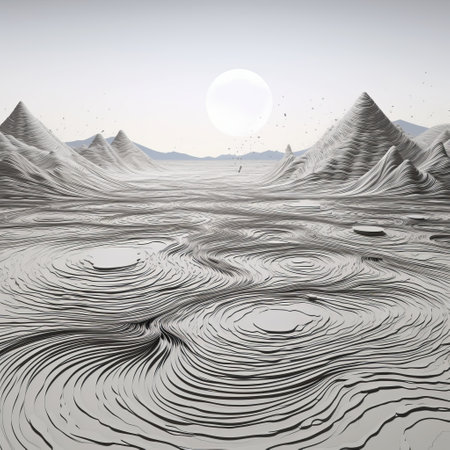 a 3d printed background featuring a white hazy landscape inspired by futuristic spacescapes, desertwave, and zen buddhism. the design incorporates elements of topographical sketches, angus mckie's artwork, and fluid, flowing lines. this digital illustration captures a unique blend of artistic influences and creates a visually captivating scene. ai generatedの素材