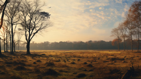 a field filled with numerous trees stands devoid of any birds, creating a serene and layered landscape. this uhd image, captured by edward hersey, showcases the artist's signature style of atmospheric landscapes. the color palette of light cyan and amber adds to the ethereal beauty of this wildlife photograph, reminiscent of the danish golden age. the soft mist further enhances the tranquil ambiance of theの素材