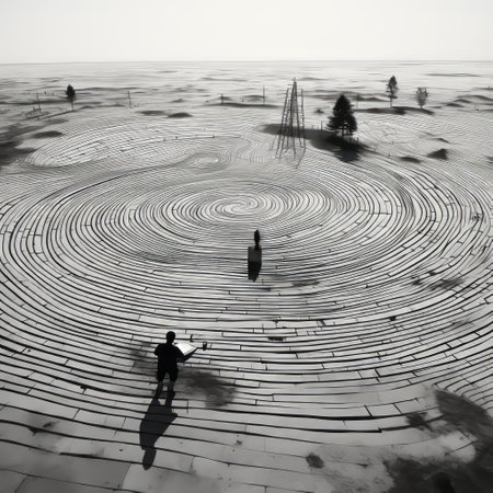 three people walk along a circular path in the sea, creating a captivating geometric and rhythmic composition. this black and white photograph, taken in rural china, showcases a large-scale installation by a talented wood sculptor. the high-quality image, captured with provia film, beautifully captures the intricate details and artistic vision of the scene. ai generatedの素材