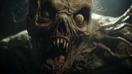 creature with eye and open mouth in a scary scene, featuring natural color grading with gritty, desaturated tones. the wide perspective shot, enhanced by studio lighting, creates a sense of mystery and the unknown. this cinematic visual style, reminiscent of a gritty horror film, is directed by christopher nolan. ai generatedの素材