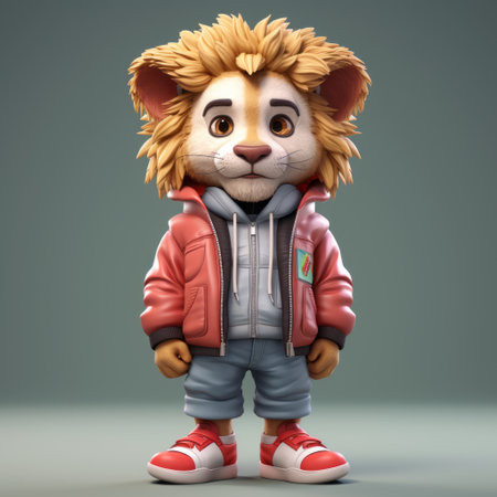 3d doodle of a cute cartoon lion wearing a jacket and sneakers. this adorable character design is inspired by the styles of bill gekas, ruslan lobanov, and greg land. with its ultra-realistic details and exaggerated proportions, this lion stands out in light white and light red colors. ai generatedの素材
