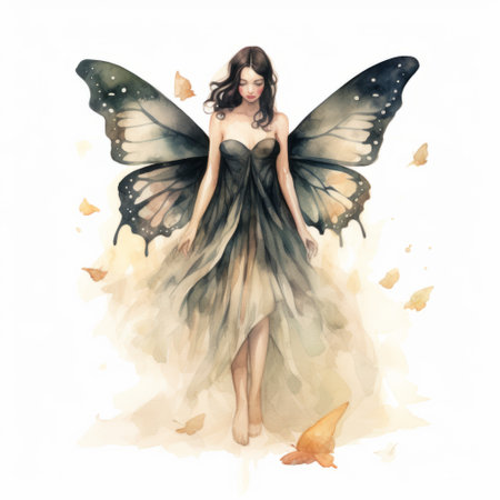 a watercolor illustration of a fairy dress, featuring dark gold and light black tones. this highly realistic artwork showcases animals and people in soft and romantic scenes. perfect for halloween or psychological phenomena illustrations. ai generatedの素材