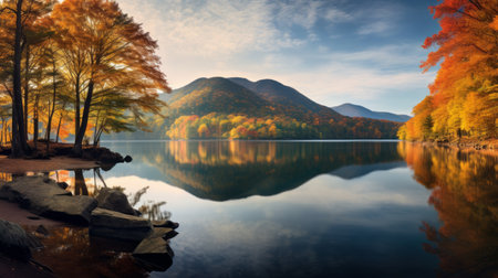 a mountain with a serene lake surrounded by beech trees in full autumn splendor, reflecting vibrant colors on the calm water's surface. this tranquil scene evokes serenity and appreciation for the beauty of nature during the fall season. shot during golden hour, the image showcases soft, warm light illuminating the mountain, lake, and trees. ai generatedの素材
