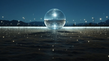 glass ball in field with mountains in background, featuring futuristic digital art style. conceptual light sculptures and large-scale installations create a photorealistic rendering. the nightscape setting enhances the silver and aquamarine tones, while the panoramic scale adds depth and grandeur to the scene. ai generatedの素材