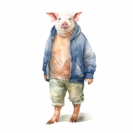 a watercolor illustration of a pig cartoon, done in the style of street style realism. the life-size figures capture the essence of the characters, while the detailed costumes add depth to the artwork. inspired by artists like ernest zacharevic and daan roosegaarde, this illustration showcases a unique blend of normcore and supernatural creatures. ai generatedの素材