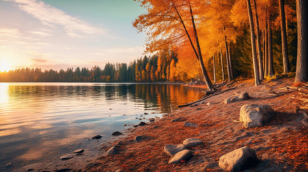 a serene lake surrounded by alder in full autumn splendor, reflecting vibrant colors on the calm water's surface. this tranquil scene evokes serenity and appreciation for the beauty of nature during the fall season. shot during golden hour, the image showcases soft, warm light illuminating the beach. ai generatedの素材