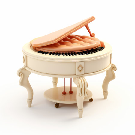 a white piano with a wooden case, standing upright in a rococo style. the piano features pastel colors, whirly design, and is made of cheese. its light red and beige hues add a touch of elegance. the piano is also made of rubber, showcasing a unique and unconventional material choice. created by the artist lorenz hideyoshi. ai generatedの素材