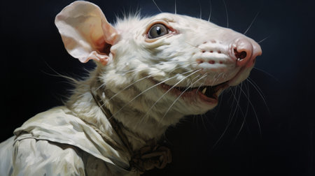 a dark-furred animal wearing a white jacket is depicted in this hyper-detailed and realistic rendering. the style combines elements of sci-fi realism and ratcore, with a close-up perspective showcasing the loose handling of paint. the artwork features fantastic grotesque elements and blink-and-you-miss-it details. ai generatedの素材