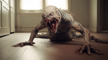 a giant creature with its mouth open, captured in a darktable processed photograph. this supernatural realism image showcases the intricate details of the subject, enhanced by vray tracing. shot with a voigtlander heliar 15mm f45 lens, the artwork by mike dargas features a striking contrast of light white and dark pink tones. this captivating photo embodies the essence of the zombiecore aesthetic. ai generatedの素材