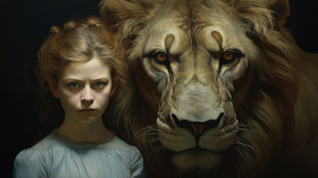 a captivating painting featuring a girl gazing at a lion, created in the uncanny valley realism style. the artwork showcases strong facial expressions and ethereal illustrations, achieved through the use of zbrush. with symmetrical composition and a narrative storytelling approach, this piece stands out for its hyperrealistic portrayal of wildlife. ai generatedの素材